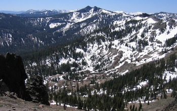 Waning snowpack on the crest of the Sierra Nevada's Twin Peaks, near the Pacific Crest Trail.