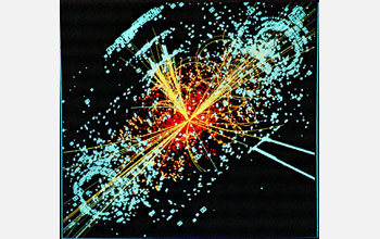 Simulated data showing protons colliding to form a Higgs boson that decays into hadrons, electrons.