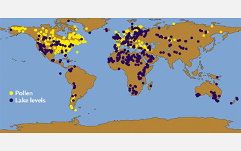 World map showing lake levels and pollen samples used to learn about past climates.