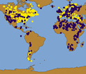 World map showing lake levels and pollen samples used to learn about past climates.