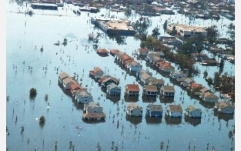 New Orleans houses are swamped by floodwaters after Hurricane Katrina.