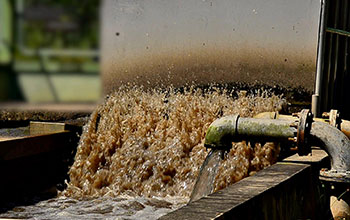 Brownish water flowing past pipes