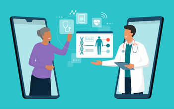 Illustration showing a person receiving health guidance electronically from a doctor.