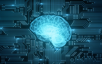 Graphic showing a brain lit up at the center of a circuitboard.