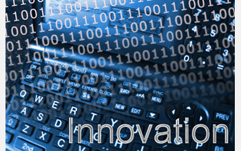 The word Innovation overlays images of a keyboard and binary code.