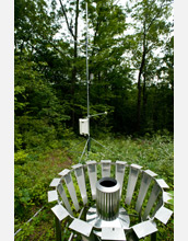 Photo of a precipitation collector, eddy flux tower measuring land-air interaction at Shale Hills.