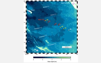 Map showing sites that will be drilled in Expeditions 320 (red) and 321 (yellow) and alternatives.