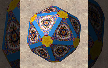 Kaleidoscopic effects illustrating symmetries of icosahedron and other polyhedron