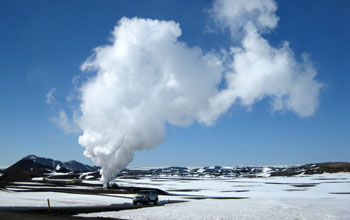 Photo of the exploratory geothermal well during flow testing at the Krafla volcano.