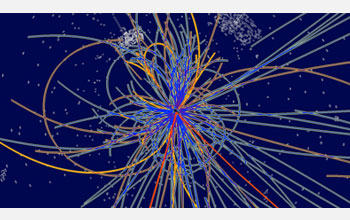 Illustration of a simulation of a proton-proton collision at the Large Hadron Collider.