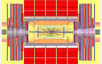 Simulation of a possible signature that a Higgs boson particle may leave in the LHC detector.