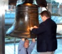 Andrew Lins worked with Steven Mundell to carefully clamp sensor devices to the Liberty Bell.