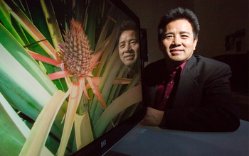 Biologist Ray Ming next to a screen showing a plan