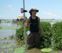 Photo of NCED undergraduate student surveying land development in the Wax Lake Delta.