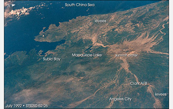 Satellite image showing the blasted summit of Pinitubo after the 1992 eruption.