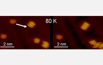 STM images showing a spinning molecular rotor braked by moving it toward a static molecular chain.