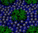 Illustration showing polymers standing amongst the marble-like nanoparticles.