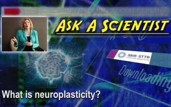text with ask a scientist and woman talking