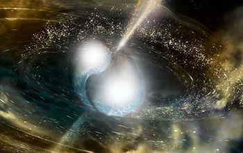 An artist's depiction of Earth among the cosmic chaos of a collision between neutron stars.