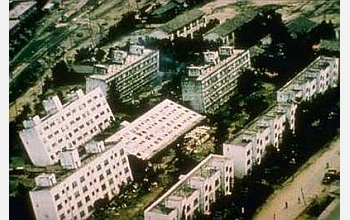 Entire buildings tilt because of ground failure after the Niigata, Japan, earthquake.