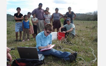 Photo of Jill Bruning entering data with small group standing behind her in a  farmer's field