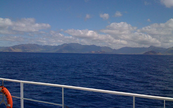 Photo of the island of Oahu, Hawaii, from the deck of the research vessel Kilo Moana.