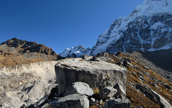 Photo of a large boulder atop the inner moraine in the Rio Blanco Valley.