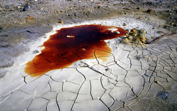 Small rivers and ponds of red and blue-colored stinking water