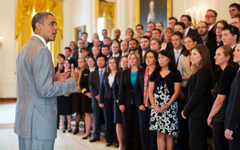 Photo of President Obama addressing 2011 PECASE recipients in the White House East Room.