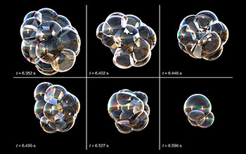 Snapshots from model showing membrane rearrangement, drainage and rupture in soap bubble cluster