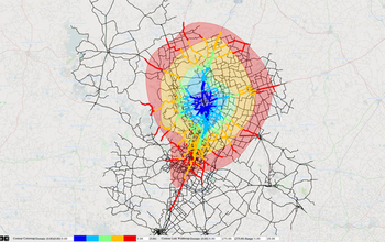 Travel time contour map gives minimum time to reach location in transportation network