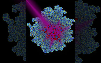 A beam of ultraviolet light hits a swarm of rhodium nanocubes