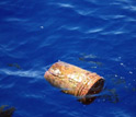 Photo of a plastic bucket found drifting in the North Atlantic.