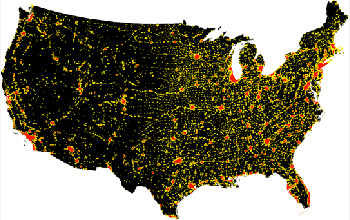 Multimedia Gallery - Urbanization map of the U.S., derived from city lights data; urban = red, peri-urban = yellow. | - National Science Foundation