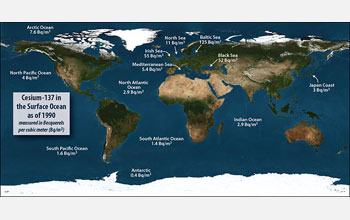 World map showing Cesium-137 in the surface ocean as of 1990.