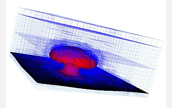 Computational simulation that depicts a rising temperature plume within the Earth's mantle.