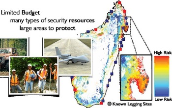 A heat map of forests in Madagascar shows different types of security risk