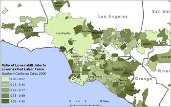 Map showing the ratio of lower-skill jobs to lower-skilled workers in Greater Los Angeles.