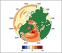 Map showing projected sea-level rise; the bar at the bottom is in centimeters.