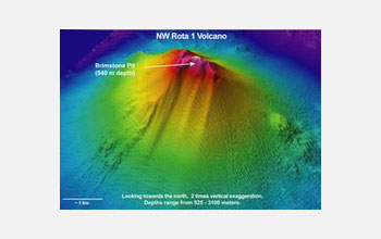 This three-dimensional view shows the NW Rota-1 volcano, site of a recent expedition.