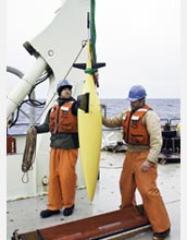 Photo of a seaglider prepared for deployment by Avery Snyder and Adam Huxtable.