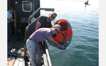 Scientists get ready to deploy split beam echosounders off the ship.