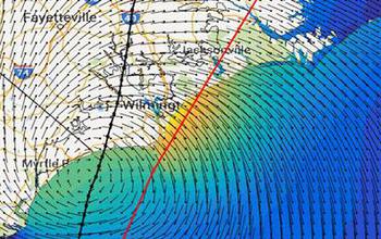 Map showing a storm surge simulation on the East Coast computed using GENI resources