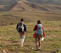 Photo showing Laura Poppick and Blake Dyer hiking down a stromatolite reef in South Australia.