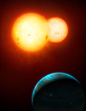 Artistic rendition showing a Saturn-size planet orbiting a pair of Sun-size stars.