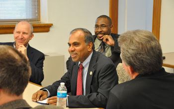 Photo of NSF Director Subra Suresh leading a STEM education roundtable at Iowa State University.