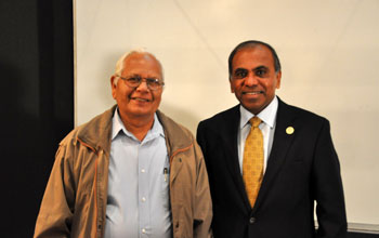 Photo of NSF Director Subra Suresh with his master's theis advisor, Shyam Bahadur, at Iowa State.