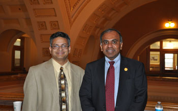 Photo of NSF Director Subra Suresh with Balaji Narasimhan, professor of engineering at Iowa State.