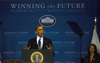 Photo of President Obama speaking at TechBoston Academy.