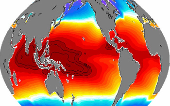 illustration showing the Earth map with a mass of water in the Western tropical Pacific